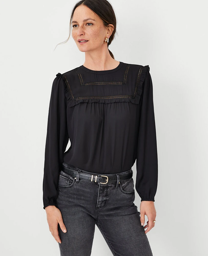 Ann Taylor Petite Mixed Media Cutout Ruffle Top Black Women's