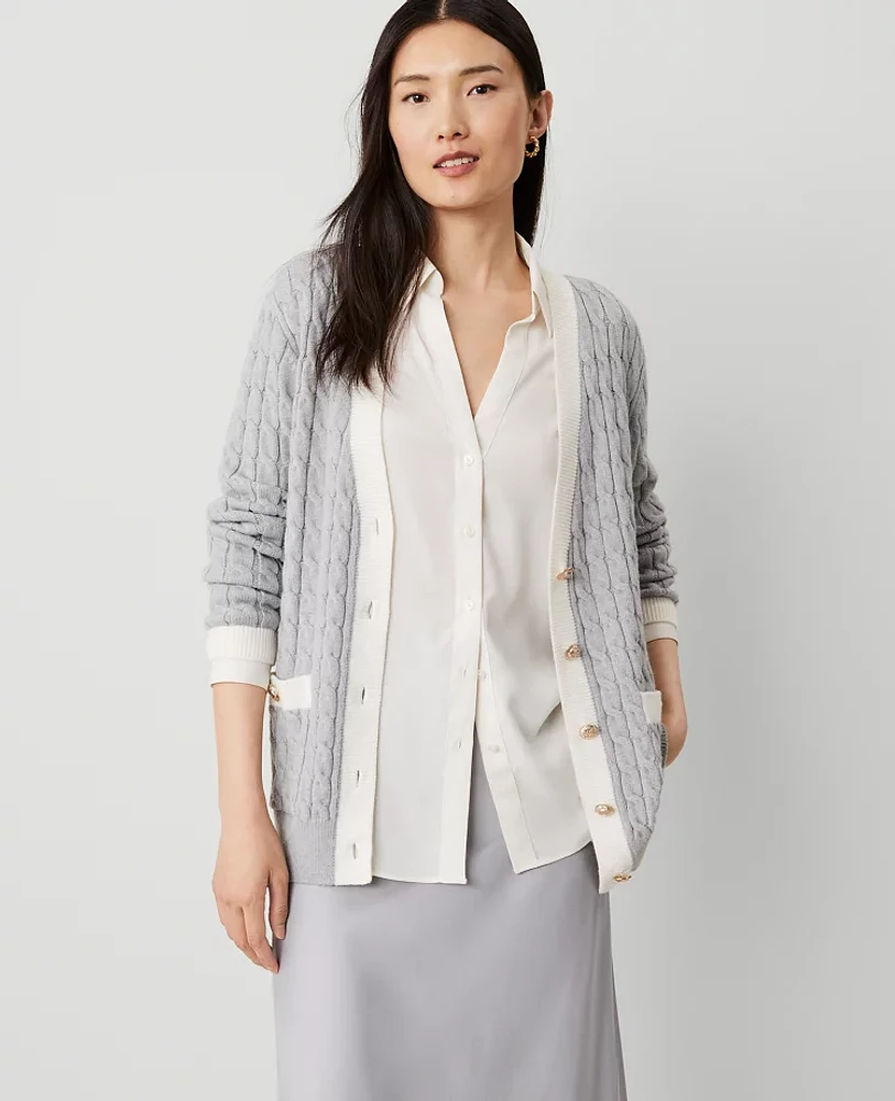 Ann Taylor Cable Contrast Trim Boyfriend Cardigan Pebble Grey Heather Women's