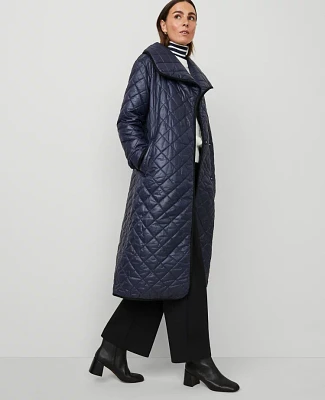 Ann Taylor Weekend Collection Quilted Drape Collar Belted Puffer Coat Night Sky Women's