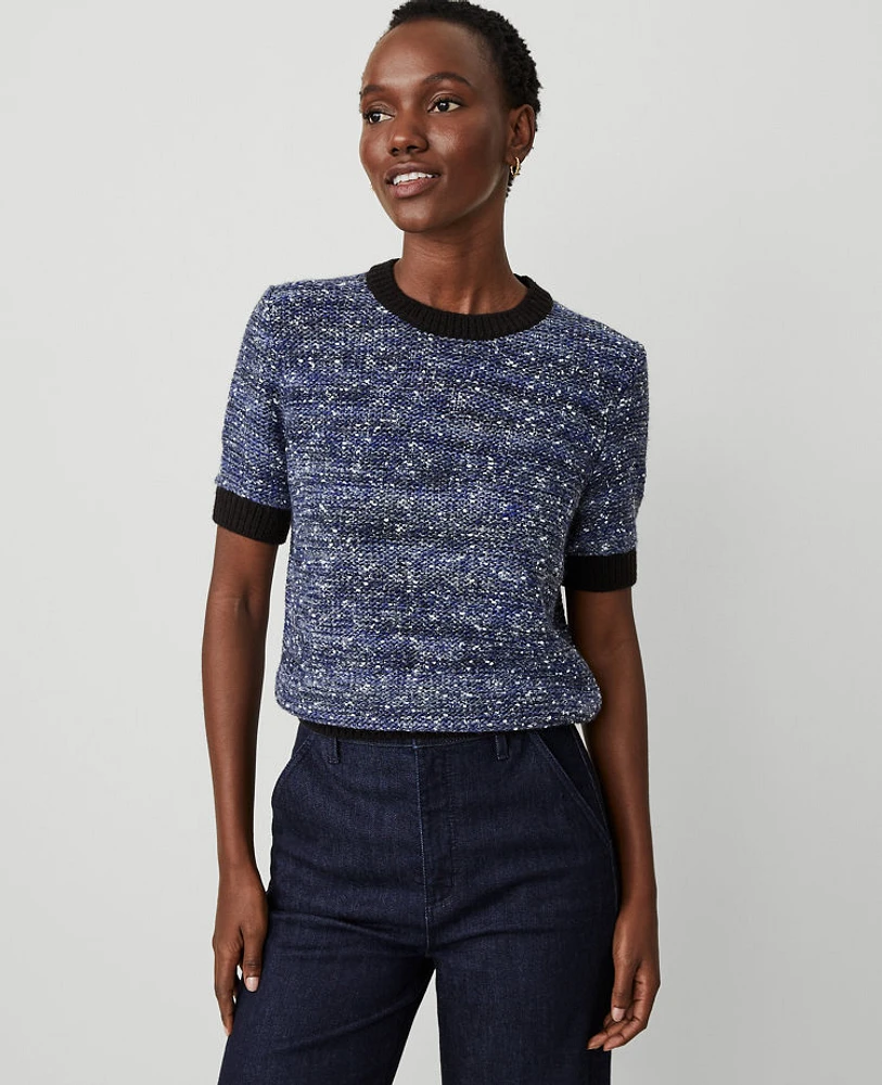 Ann Taylor Tweed Contrast Trim T-Shirt Blue Multi Women's