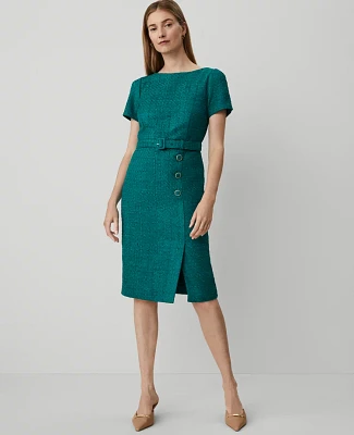 Ann Taylor Petite Tweed Belted Button Midi Sheath Dress Size 0 Green Marais Women's