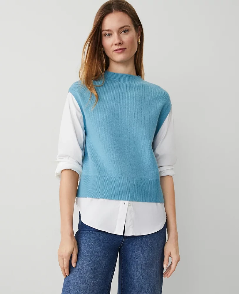 Ann Taylor Mixed Media Sweater Pristine Aqua Women's