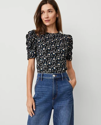 Ann Taylor Floral Shirred Elbow Sleeve Top Black B Women's