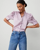 Ann Taylor Petite Satin Clip Shirred Puff Sleeve Top Sunset Lavender Women's