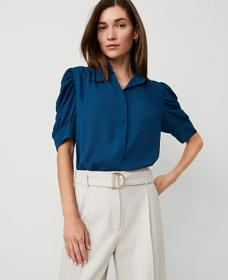 Ann Taylor Shirred Puff Sleeve Top Sea Storm Women's