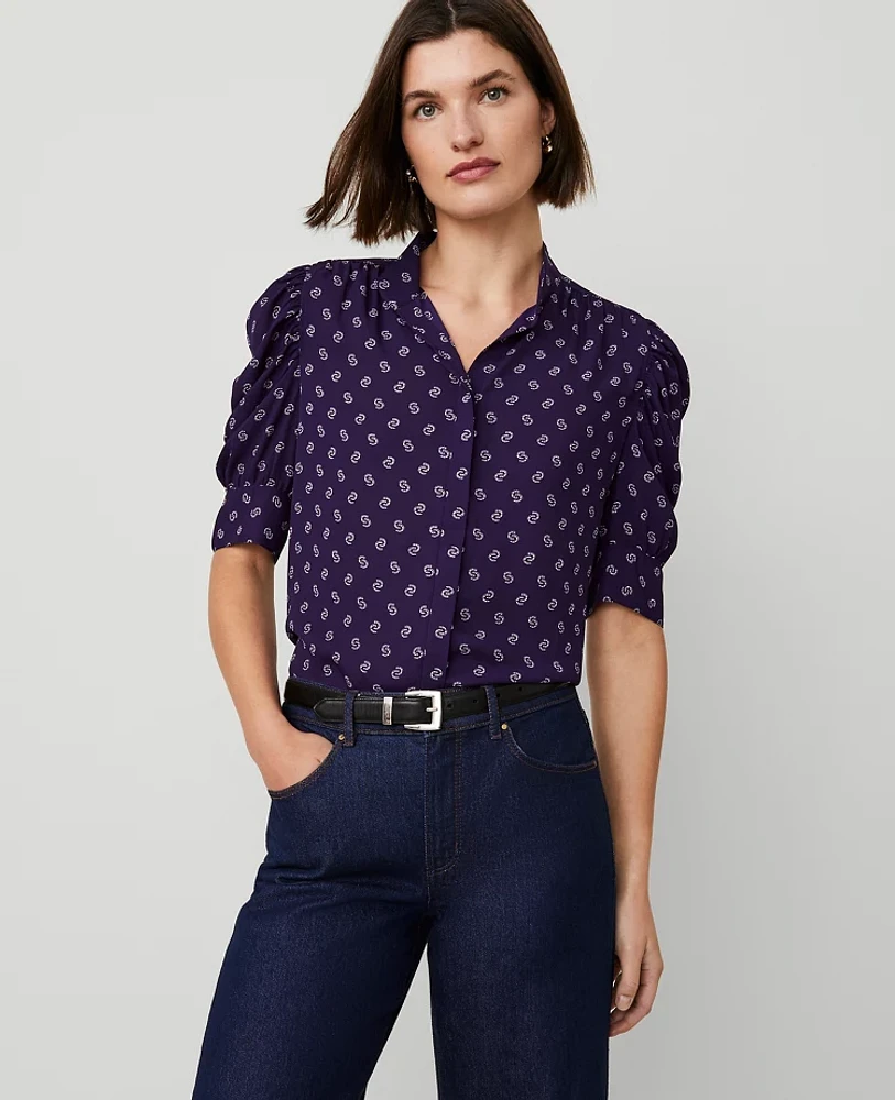 Ann Taylor Links Print Shirred Puff Sleeve Top Midnight Mulberry Women's