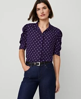 Ann Taylor Links Print Shirred Puff Sleeve Top Midnight Mulberry Women's