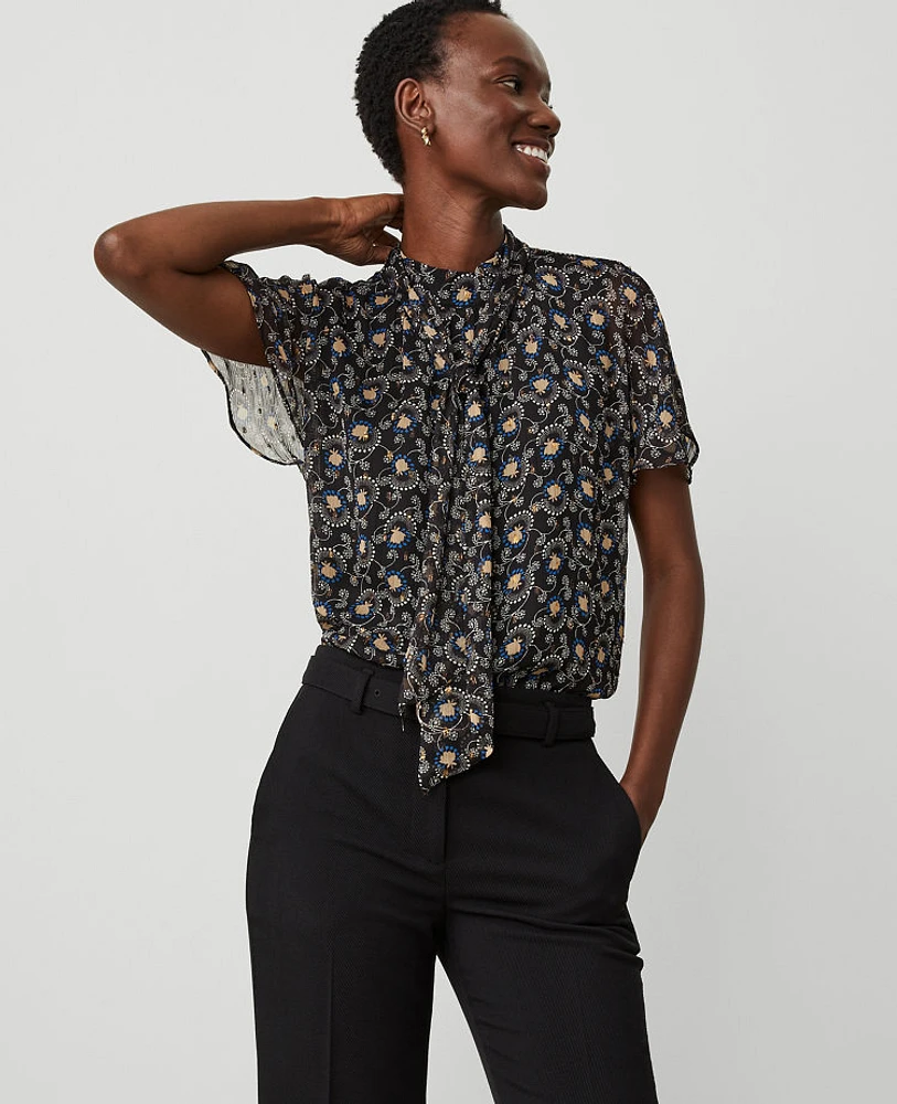 Ann Taylor Floral Metallic Clip Bow Blouse Size 2XS Black B Women's