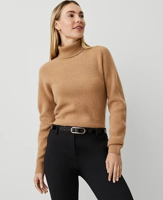 Ann Taylor Petite Cashmere Ribbed Turtleneck Sweater Perfect Camel Women's