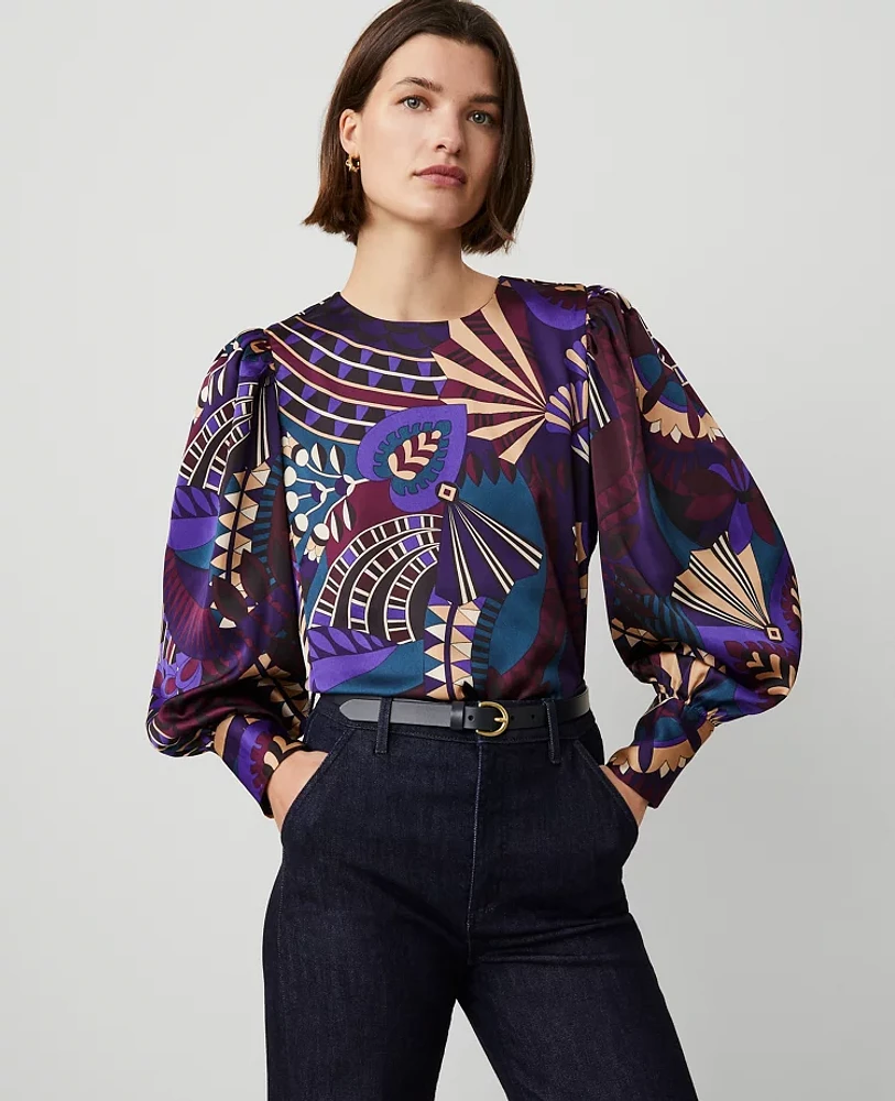 Ann Taylor Tall Botanical Puff Sleeve Blouse Plum Burst Women's