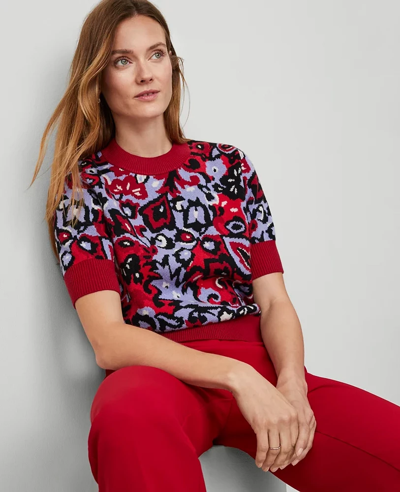 Ann Taylor Floral Jacquard Sweater T-Shirt Iconic Red Women's