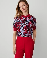 Ann Taylor Floral Jacquard Sweater T-Shirt Iconic Red Women's