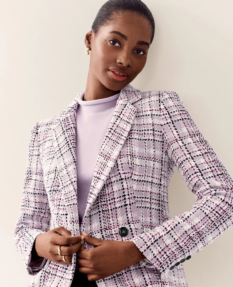 Ann Taylor The Petite Crosby Blazer Tweed Plaid Sunset Lavender Women's