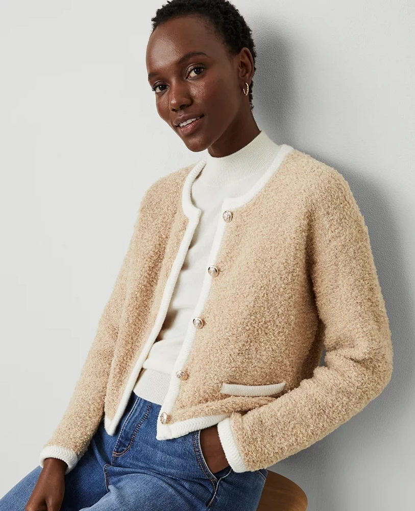 Ann Taylor Boucle Contrast Trim Sweater Jacket Camel/White Combo Women's