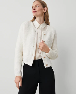 Ann Taylor Boucle Textured Trim Sweater Jacket Winter White Women's