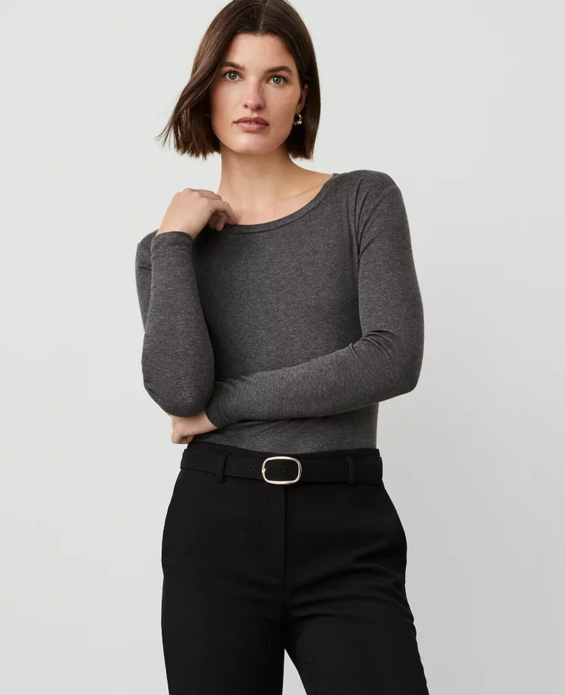 Ann Taylor Crew Neck Long Sleeve Top Heathered Onyx Women's