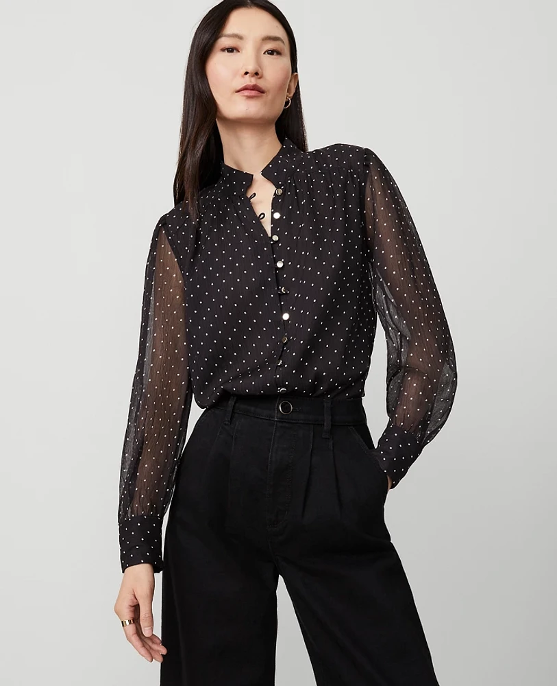 Ann Taylor Pindot Multi Button Shirt Black Women's