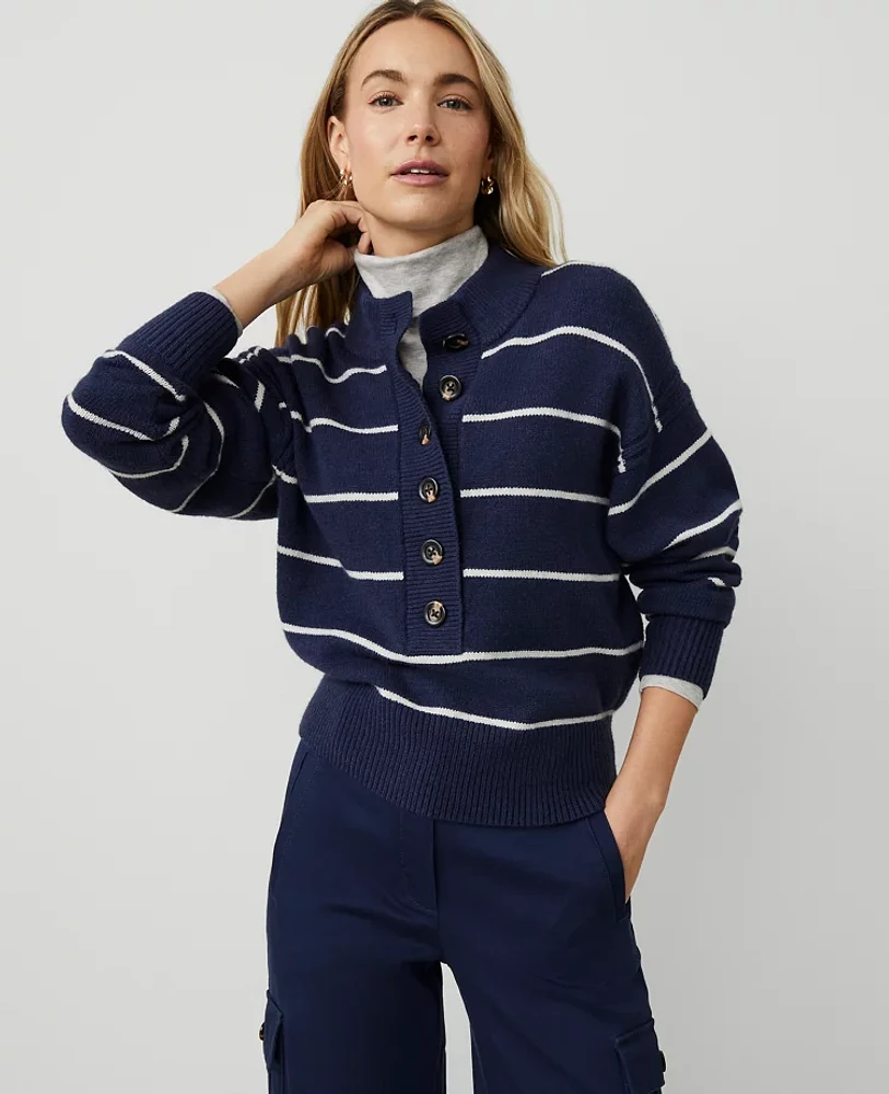 Ann Taylor Stripe Henley Sweater Navy Multi Women's