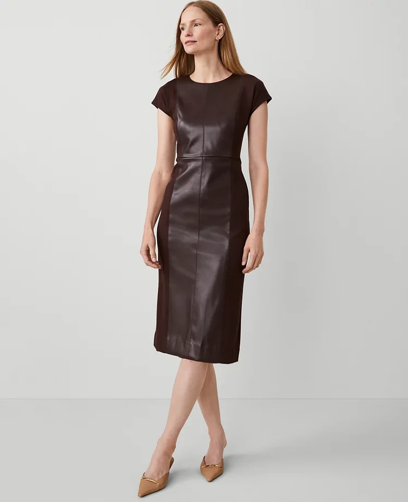 Ann Taylor Petite Faux Leather Mixed Media Dress Pure Chocolate Women's