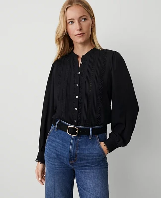 Ann Taylor Petite Pintuck Button Down Blouse Size 2XS Black Women's