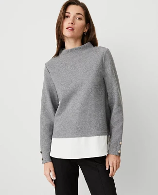 Ann Taylor Mock Neck Mixed Media Top Medium Heather Grey Women's