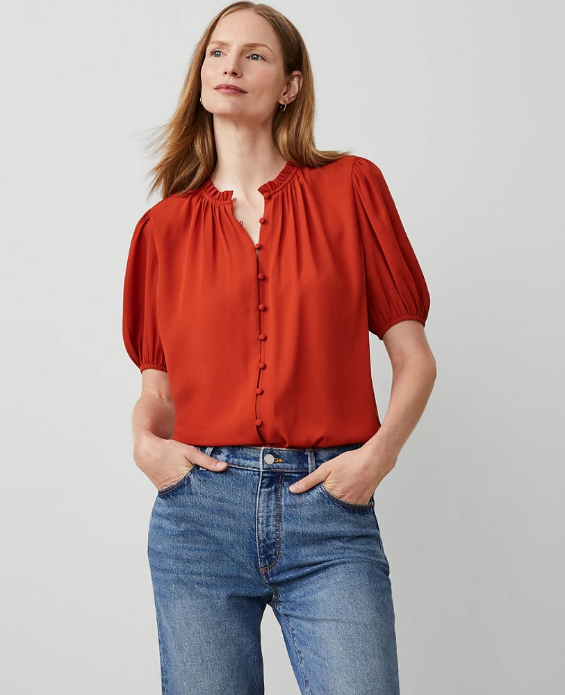 Ann Taylor Mixed Media Ruffle Neck Top Women's