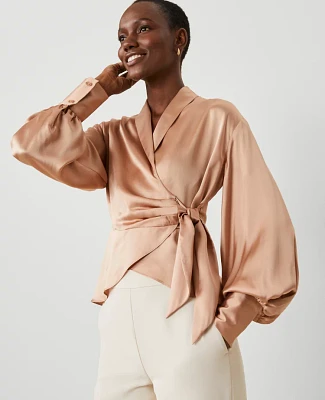 Ann Taylor Studio Collection Silk Wrap Blouse Toffee Tan Women's