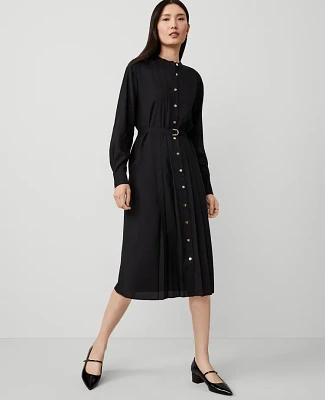 Ann Taylor Petite Pleated Belted Midi Shirtdress Black Women's