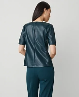 Ann Taylor Petite Faux Leather Peplum Top Ominous Teal Women's