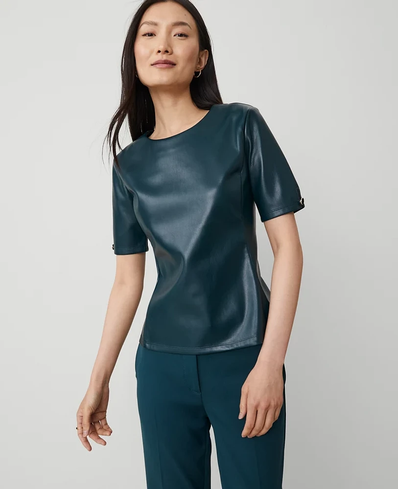 Ann Taylor Petite Faux Leather Peplum Top Ominous Teal Women's