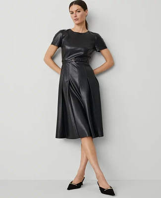 Ann Taylor Petite Faux Leather Pleated Midi Dress Black Women's