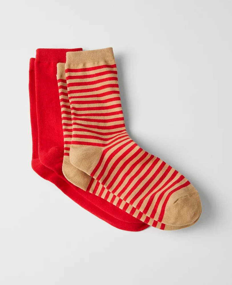 Ann Taylor Solid & Stripe Crew Sock Set Iconic Red Women's