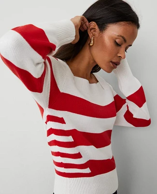 Ann Taylor Striped Envelope Neck Sweater White/Red Combo Women's