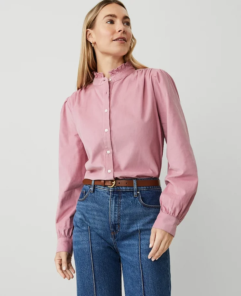 Ann Taylor Petite Corduroy Ruffle Neck Shirt Women's