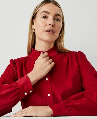 Ann Taylor Petite Weekend Collection Corduroy Ruffle Neck Shirt Gingham Red Women's