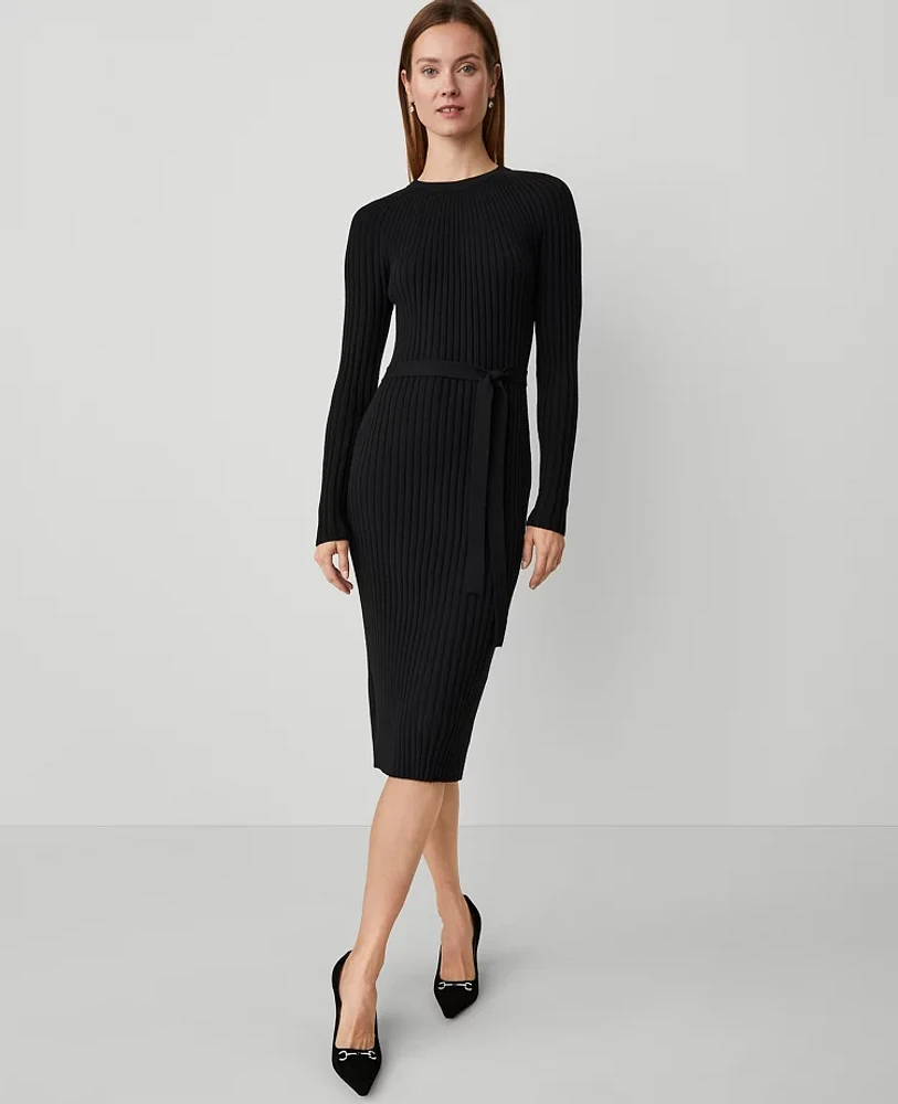 Ann Taylor Petite Ribbed Belted Column Sweater Dress Women's