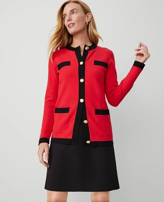 Ann Taylor Petite Contrast Trim Boyfriend Cardigan Red/Black Multi Women's