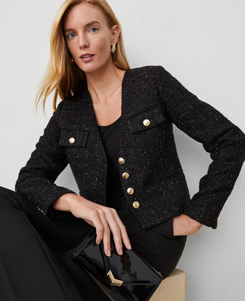 Ann Taylor Petite Metallic Tweed Button Front Jacket Black Women's