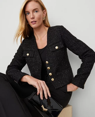 Ann Taylor Petite Metallic Tweed Button Front Jacket Black Women's