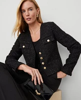 Ann Taylor Petite Metallic Tweed Button Front Jacket Black Women's