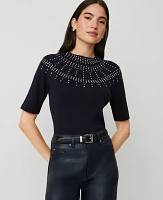 Ann Taylor Petite Embellished Mock Neck Sweater T-Shirt Night Sky Women's