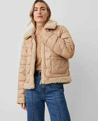 Ann Taylor Petite Weekend Collection Faux Fur Trim Puffer Jacket Cafe Au Lait Women's