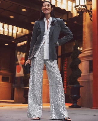 Ann Taylor The Wide-Leg Pant in Sequin Size 0 Silver Spark Women's