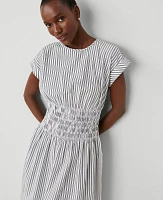 Ann Taylor Striped Smocked-Waist Midi Flare Dress Black Women's