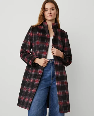 Ann Taylor Petite Plaid Funnel Neck Tailored Coat Iconic Red Women's