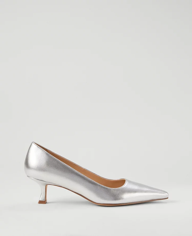 Ann Taylor Metallic Nip Toe Kitten Heel Pumps Silver Women's