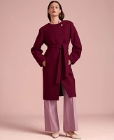 Ann Taylor Petite Tie Waist Balloon Sleeve Coat Size Medium Rich Mulberry Women's