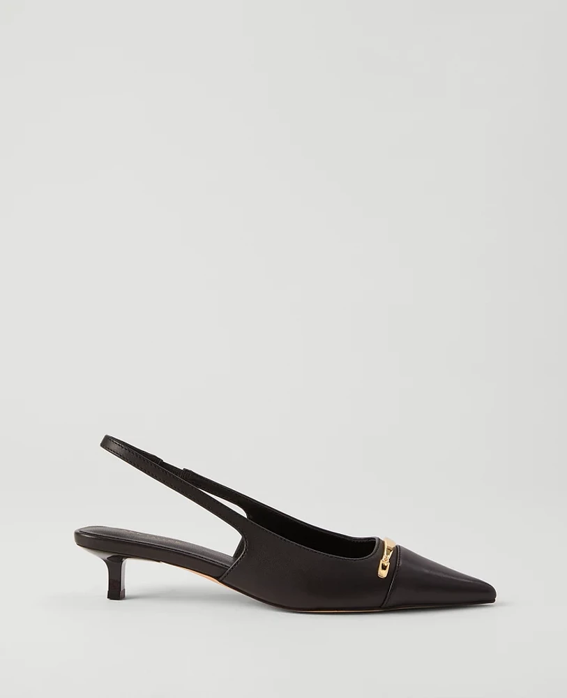 Ann Taylor Cap Toe Hardware Leather Slingback Pump Black Women's