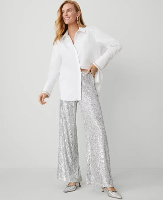 Ann Taylor Petite The Wide-Leg Pant Sequin Silver Spark Women's