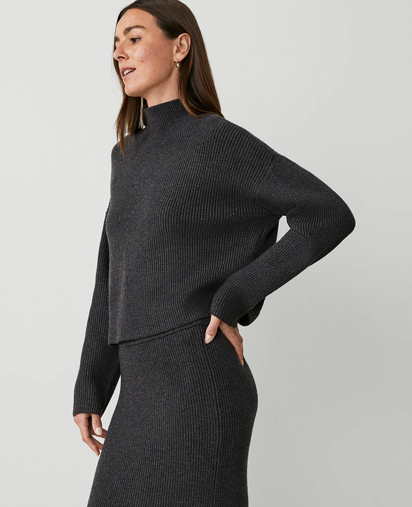 Ann Taylor Ribbed Mock Neck Sweater Heathered Onyx Women's